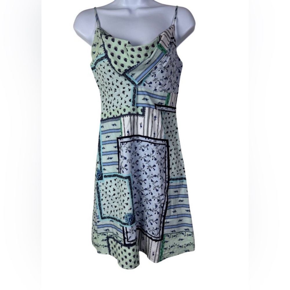 NEW‎ Loft Women Patchwork Floral Bandana Mini Dress Green Blue Size 0 Drape Boho
